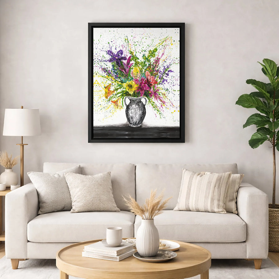 Abstract Floral Canvas Wall Art | Colorful Paint Splatter Flower Bouquet | Premium Gallery-Wrapped Print | Modern Home Decor Gift for Her