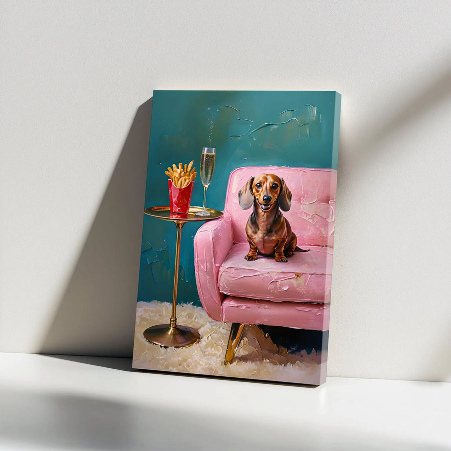 Dachshund Canvas Wall Art | Funny Dog with Champagne & Fries Painting | Premium 1.25" Thick Gallery Wrap | Unique Gift for Dog Lover