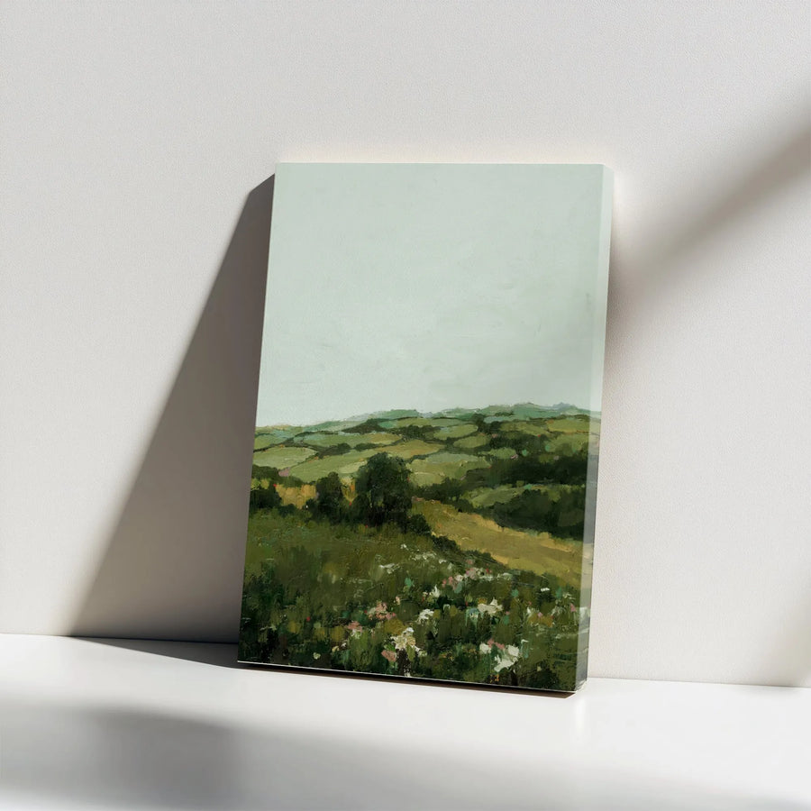 Green Meadow Landscape Vertical Canvas | Impressionist Countryside Painting | Premium Frameless Wall Art | Limited Edition Farmhouse Decor