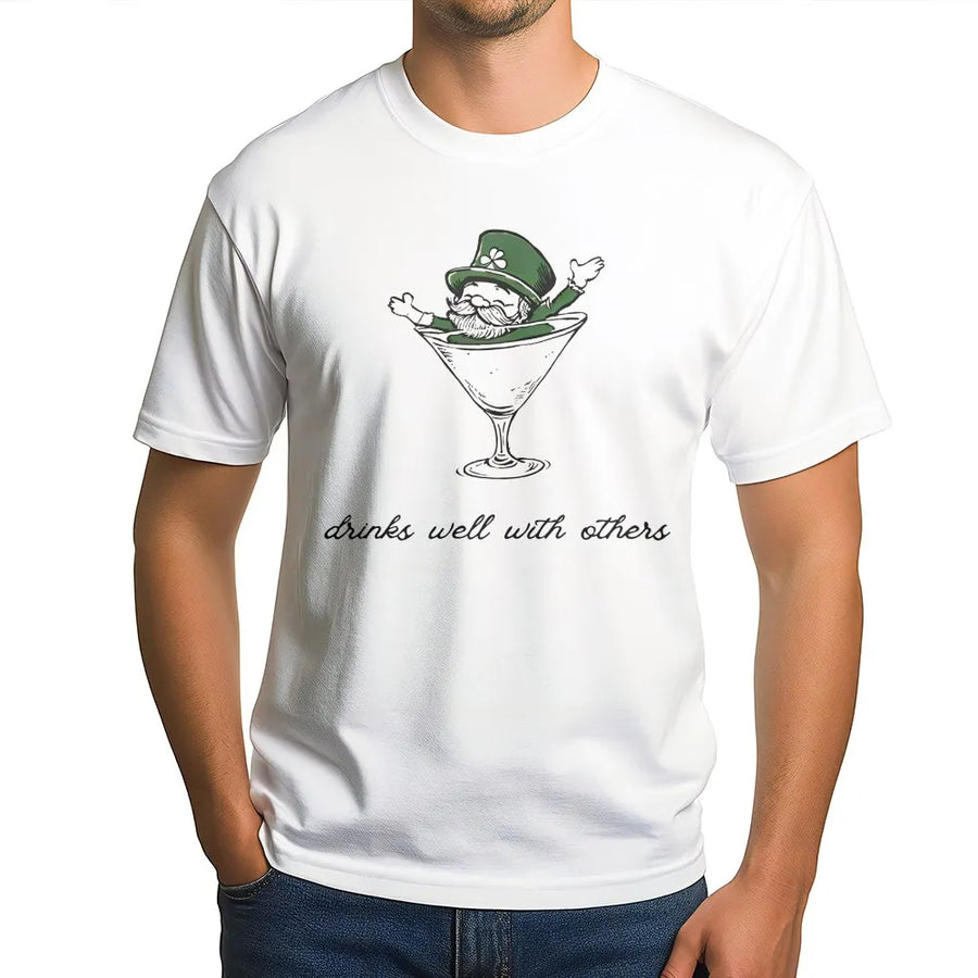 St Patrick's Day T-Shirt | Leprechaun in Martini Glass Graphic | 100% Cotton Premium Tee | Funny Drinks Well With Others Gift for Men Women