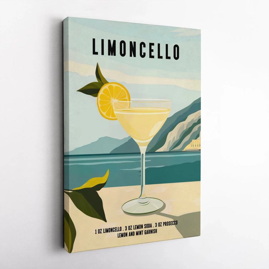 Limoncello Cocktail Recipe Canvas Wall Art | Mediterranean Amalfi Coast Style Poster | Premium Gallery Wrap Decor | Bar Cart Kitchen Wall Decor Gift