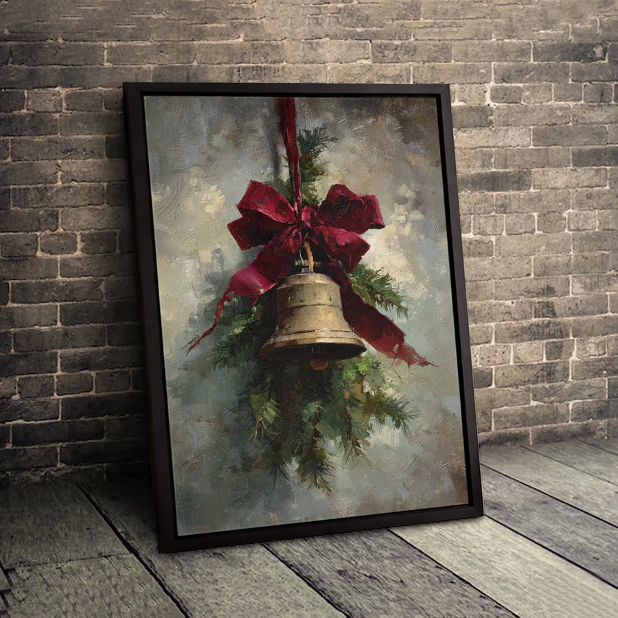 Vintage Christmas Bell Canvas Art | Oil Painting Style Pine Branches & Red Bow | Premium Gallery Wrapped Decor | Festive Holiday Gift