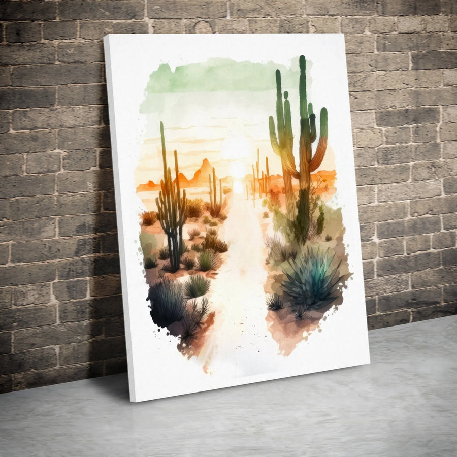 Watercolor Desert Saguaro Landscape Canvas | Sunset Cactus Wall Art | Premium Gallery-Wrapped Print | Southwest Home Decor Gift