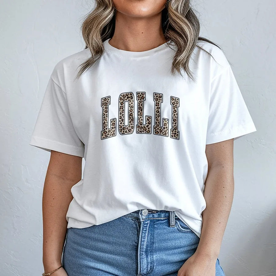 Lolli T-Shirt Sweatshirt | Leopard Print Varsity Letters | Premium Cotton-Blend Pullover | Gift for New Grandma
