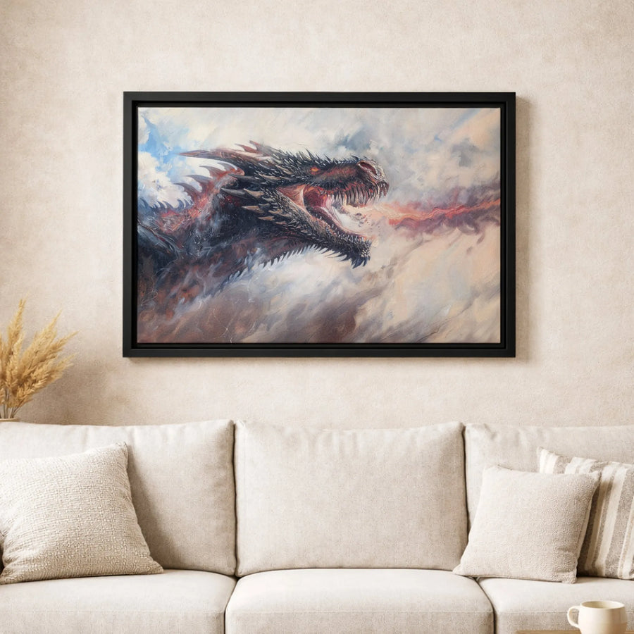 Black Dragon Canvas Art | Ferocious Fire Breathing Fantasy Beast | Premium Gallery-Wrapped Print | Wall Decor Gift for Gamers and Collectors