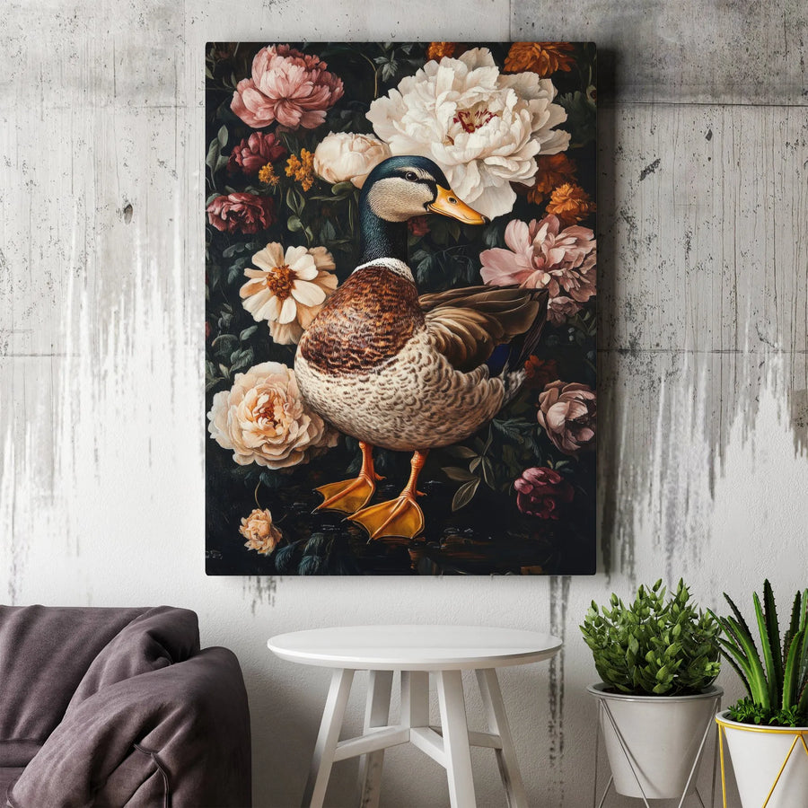 Mallard Duck Wall Art | Moody Floral Peony & Rose Oil Painting Style | Premium Gallery Canvas | Gift for Bird Lovers & Cottagecore Decor
