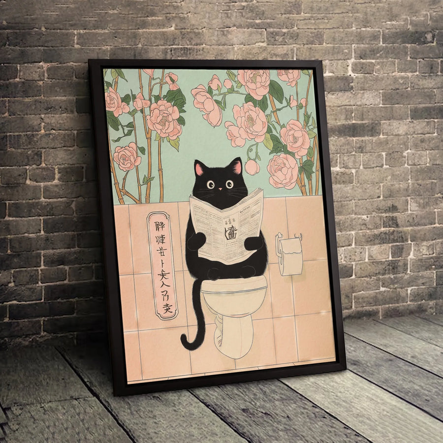 Black Cat Bathroom Wall Art | Funny Toilet Reading Ukiyo-e Print | Premium 1.25-Inch Gallery Canvas | Whimsical Home Decor Gift for Cat Lovers