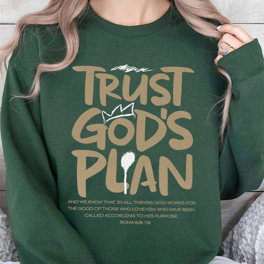 Trust God's Plan Sweatshirt | Romans 8:28 Christian Bible Verse Print | Premium Cotton Blend | Faith Based Gift For Men And Women