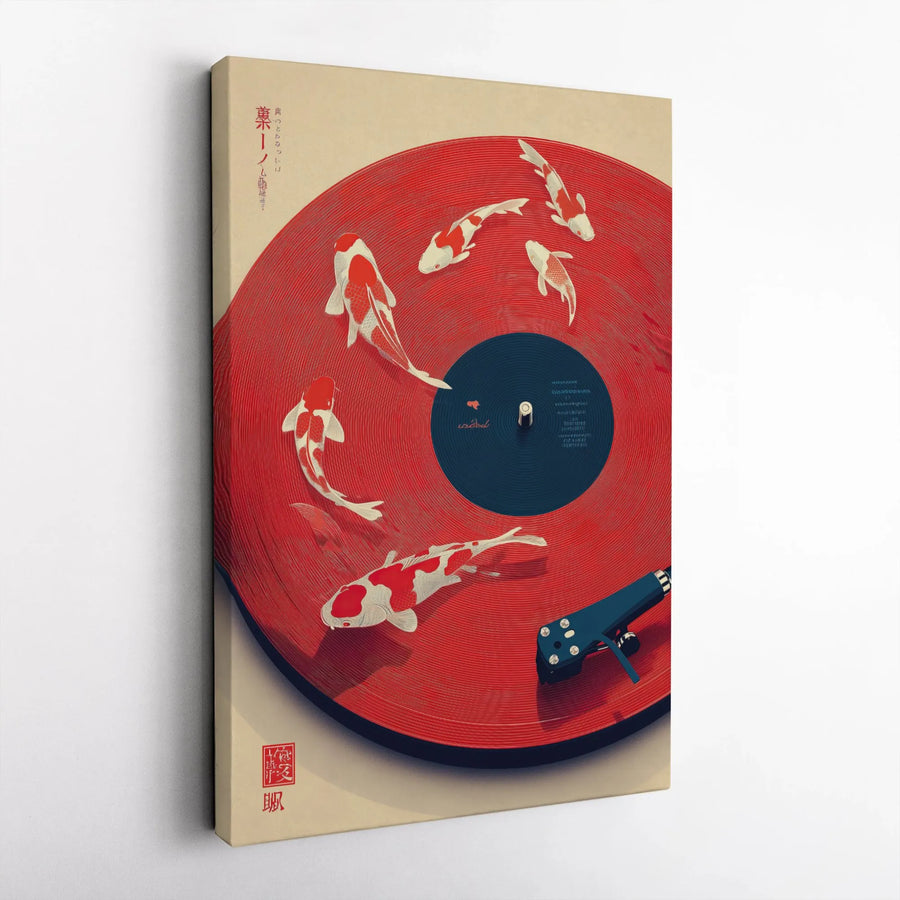 Japanese Koi Fish Canvas Print | Surreal Vinyl Record Turntable Art | 1.25" Premium Gallery Wrapped | Zen Music Decor for Modern Home Office