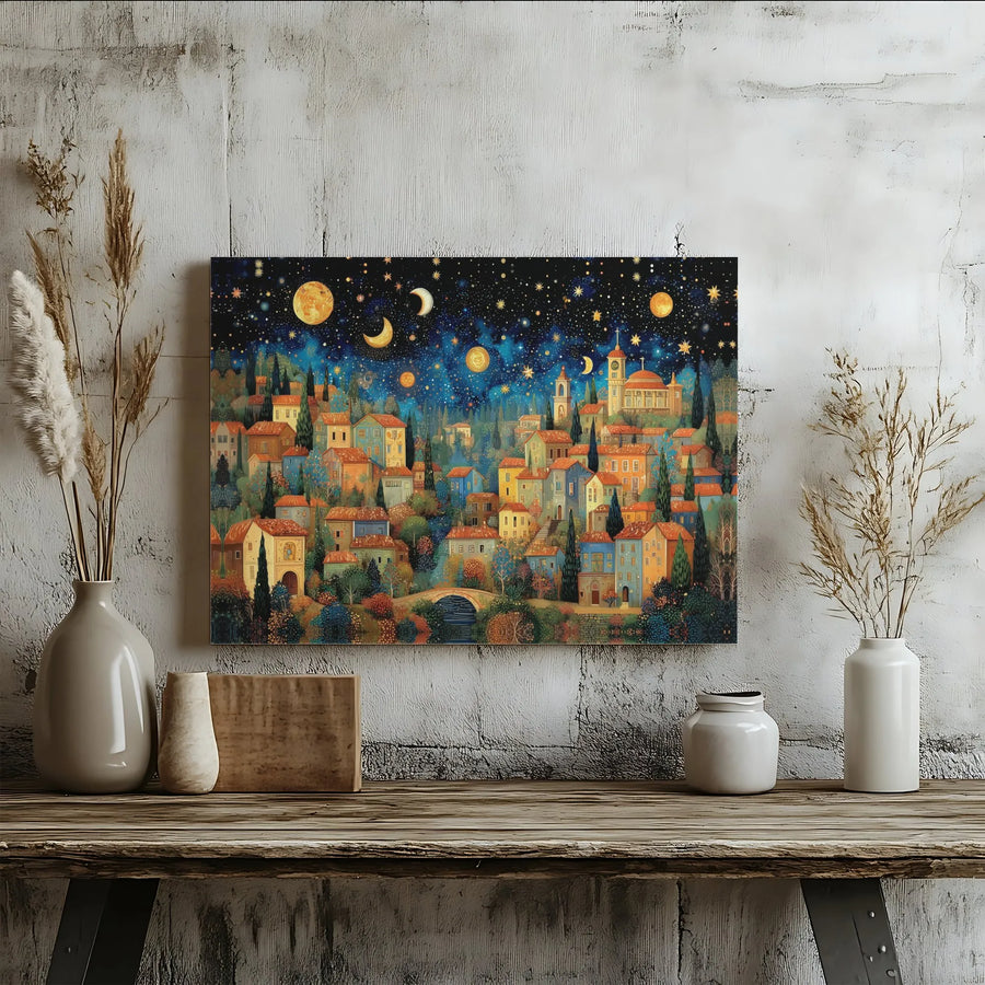 Whimsical Starry Night Village Horizontal Canvas | Magical Celestial Folk Art Town Print | Premium Gallery-Style 1.25" Frameless Decor | Dreamy Cozy Home Wall Art Gift