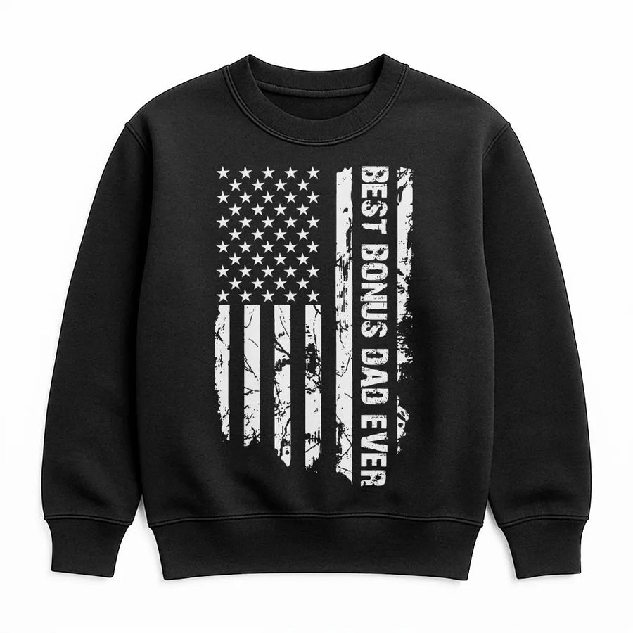 Best Bonus Dad Sweatshirt | Distressed American Flag Graphic | Premium Cotton Blend | Father's Day Gift for Stepdad