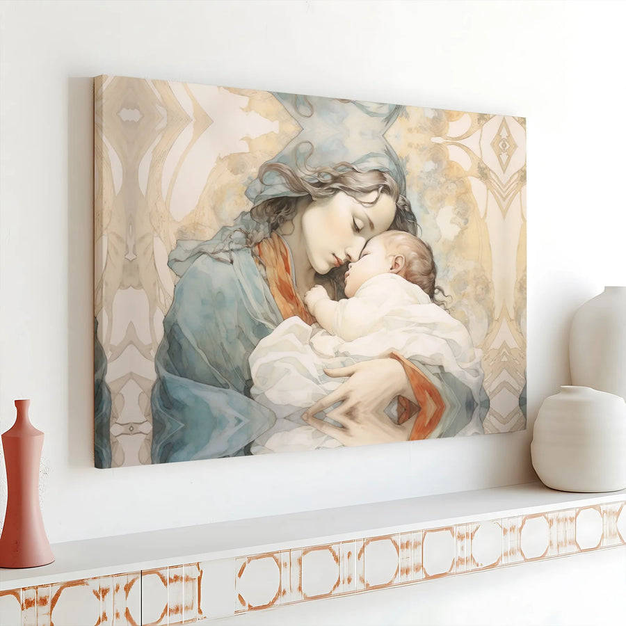 Madonna and Child Canvas Art | Watercolor Religious Wall Decor | Premium Gallery Wrap Print | Catholic Home Gift for Mothers