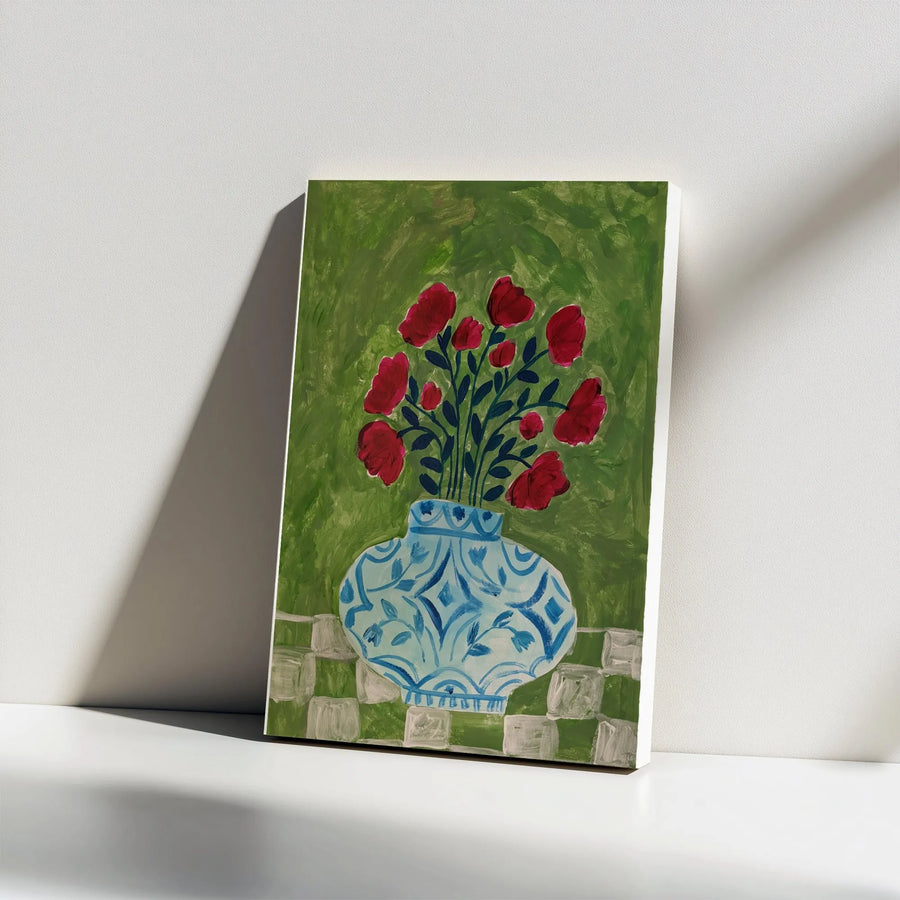 Impressionist Floral Canvas Art | Red Poppies in Blue and White Chinese Vase Painting | Premium Gallery Wrapped Print | Living Room & Kitchen Wall Decor Gift
