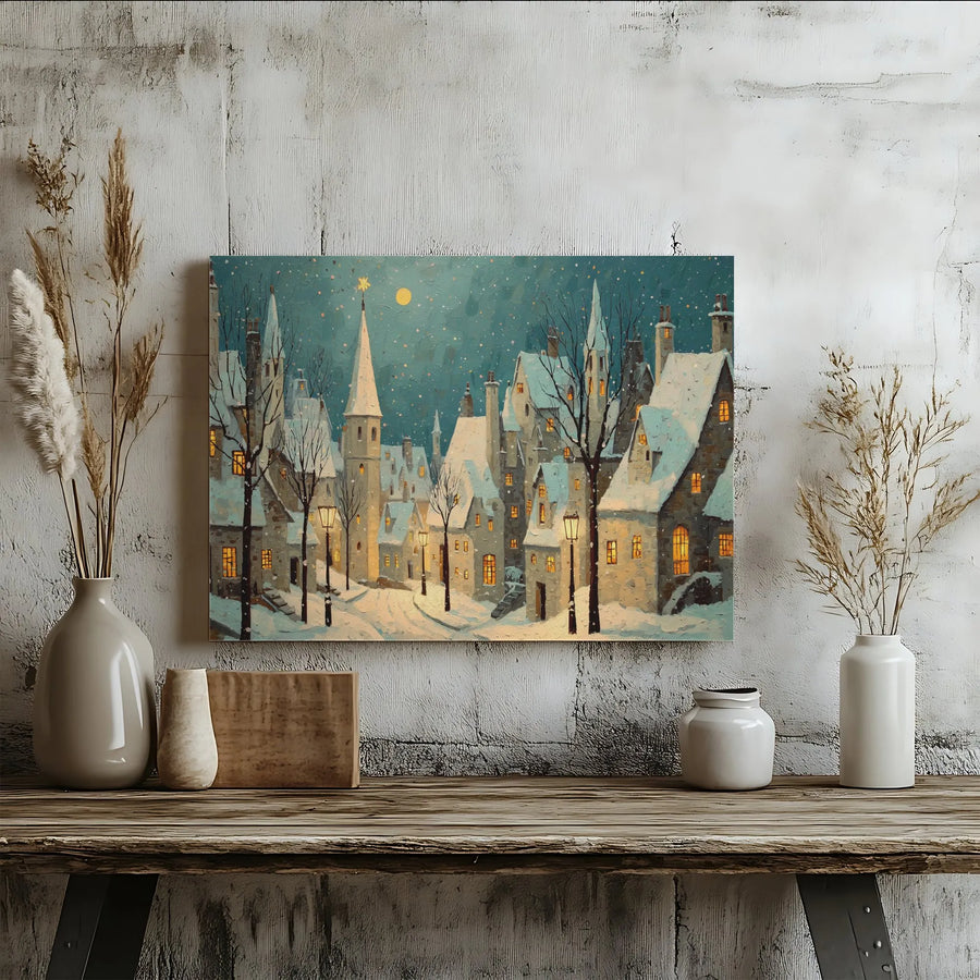 Christmas Village Canvas Wall Art | Snowy Night Village Painting | Premium Gallery Quality Print | Holiday Home Decor Gift