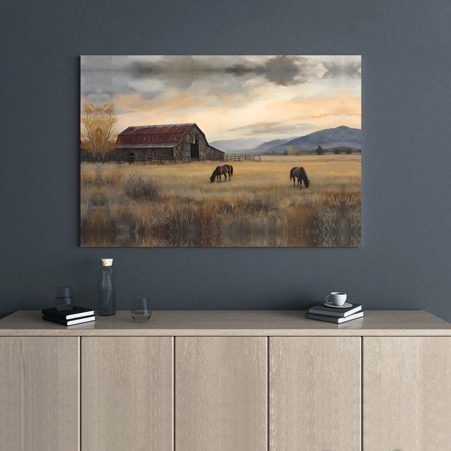 Rustic Farmhouse Canvas Print | Grazing Horses in Golden Field Landscape | 1.25" Premium Gallery Wrap | Country Home Decor Wall Art