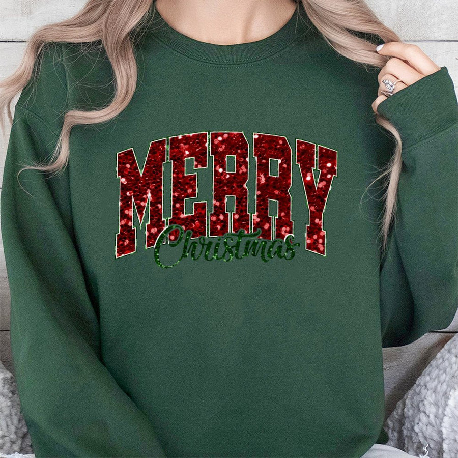 Merry Christmas Sweatshirt | Red Glitter Varsity Lettering | Cotton Poly Blend | Cozy Holiday Gift for Women and Men