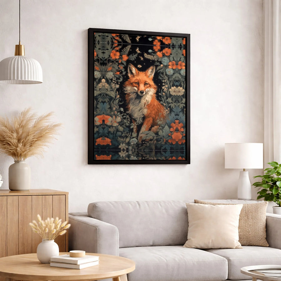 Red Fox Canvas Wall Art | Moody Dark Floral Botanical Print | Premium Fade-Resistant Gallery Wrap | Whimsical Woodland Home Decor Gift
