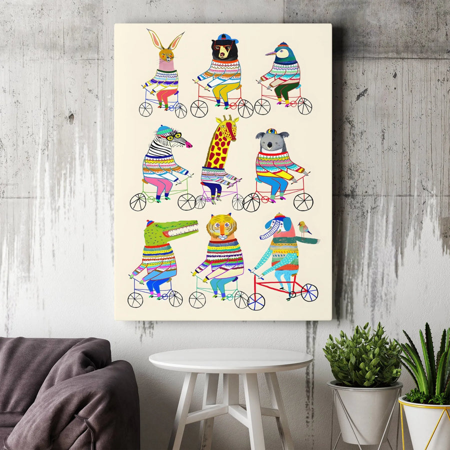 Whimsical Animal Wall Art | Colorful Safari Creatures Riding Bicycles | Premium Gallery Canvas | Nursery Decor & Kids Room Gift