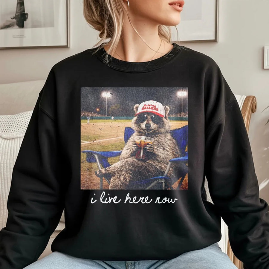 Funny Raccoon Baseball Mom Sweatshirt | I Live Here Now Vintage Ballpark Graphic | Premium Cotton Blend | Gift for Softball Mama