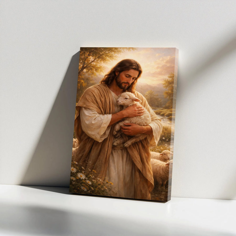 Jesus Christ Holding Lamb Canvas Wall Art | The Good Shepherd Portrait | Premium Thick Canvas | Christian Home Decor Gift