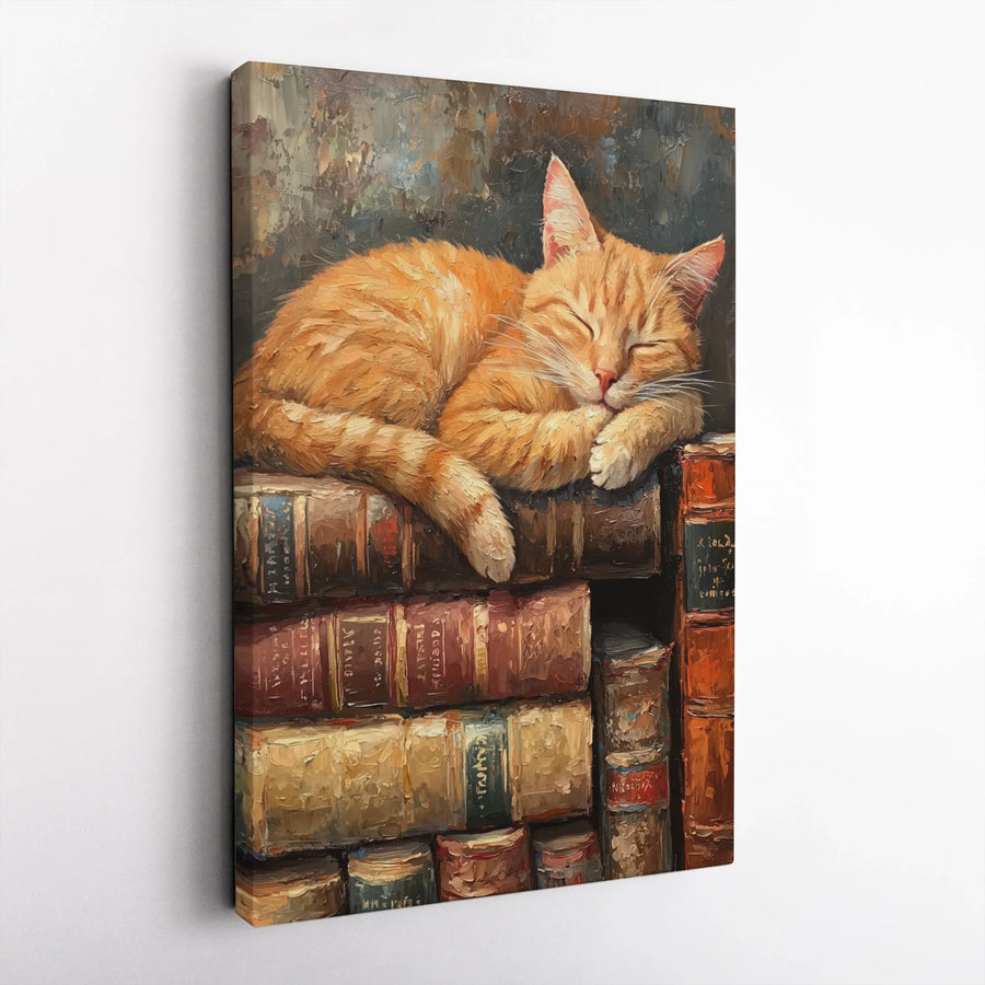 Sleeping Ginger Cat Canvas Print | Whimsical Library Book Stack Wall Art | Premium Gallery-Wrapped Canvas | Gift for Cat Lovers and Readers