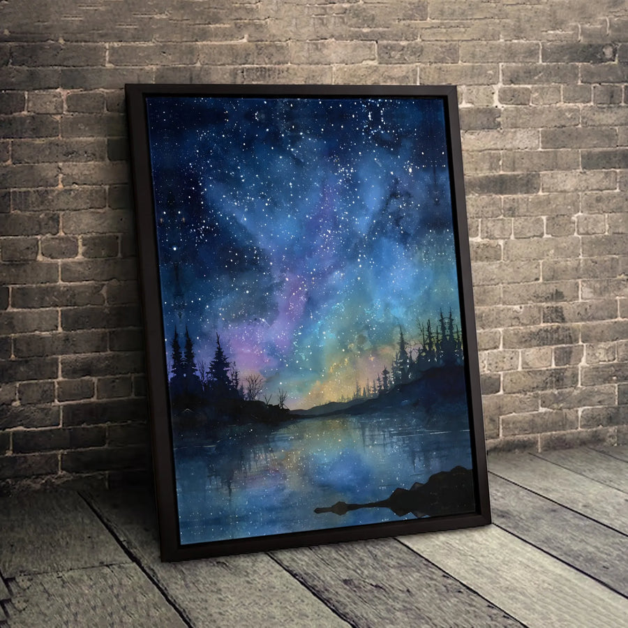 Starry Night Lake Canvas Print | Watercolor Galaxy Wall Art | Premium Gallery Wrapped Decor | Nature Landscape Gift for Home Office