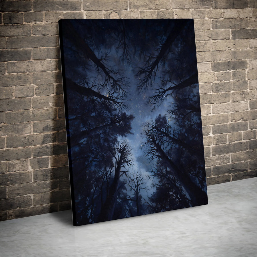 Starry Night Forest Canvas Wall Art | Midnight Sky Through Treetops | Premium Gallery Wrap Print | Modern Nature Home Decor Gift