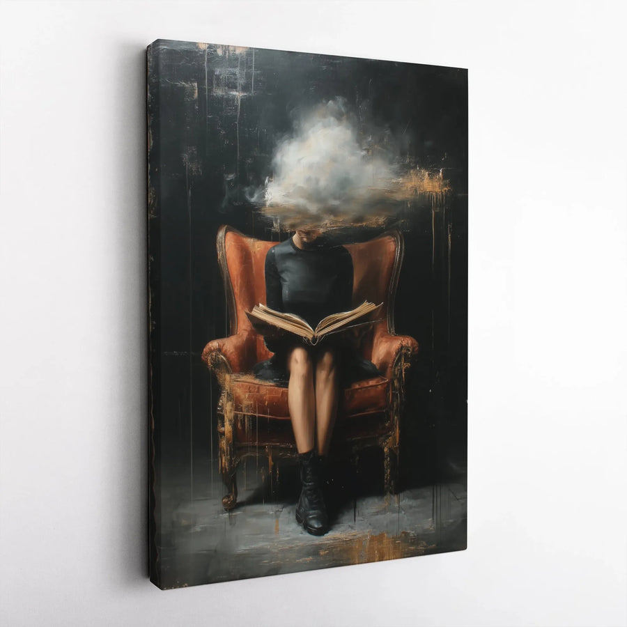 Surreal Woman Reading Book Canvas | Dreamy Cloud Head Art | Gallery Quality 1.25 Inch Thick Wrap | Modern Gothic Home Decor Gift