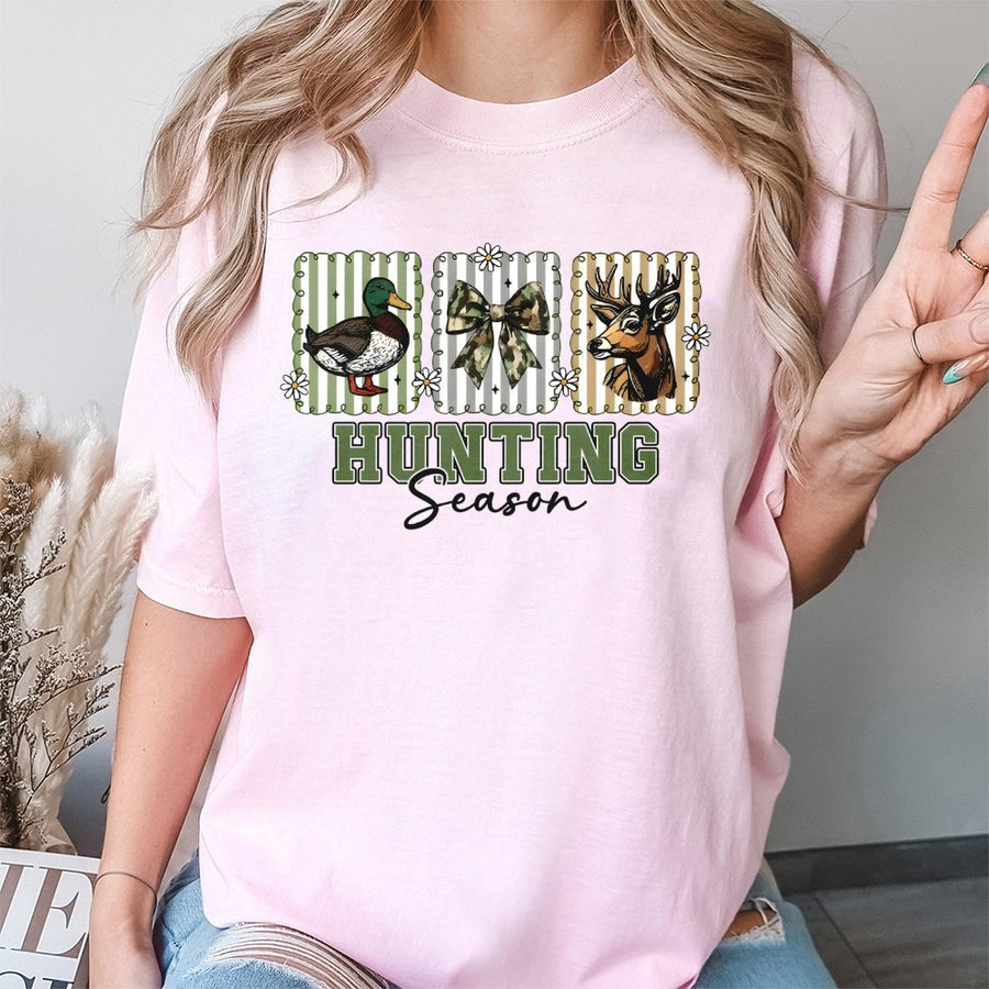 Hunting Season T-Shirt | Preppy Camo Bow Deer and Duck Design | 100% Cotton Premium Apparel | Cute Fall Gift for Women and Girls