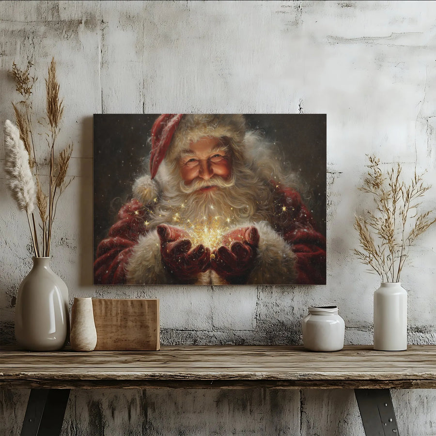 Santa Claus Canvas Wall Art | Magical Sparkling Christmas Portrait | Gallery Wrapped Premium Decor | Holiday Gift for Living Room