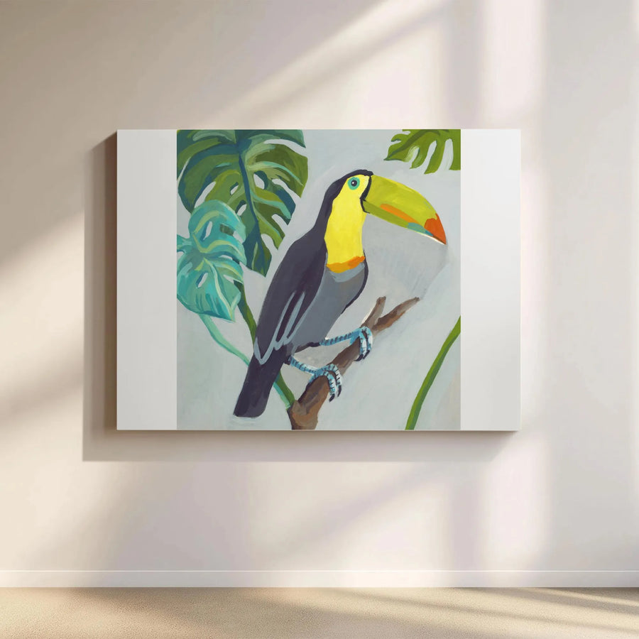 Tropical Toucan Canvas Wall Art | Modern Painterly Bird Print with Monstera Leaves | Premium 1.25" Thick Gallery Wrap | Boho Jungle Home Decor Gift