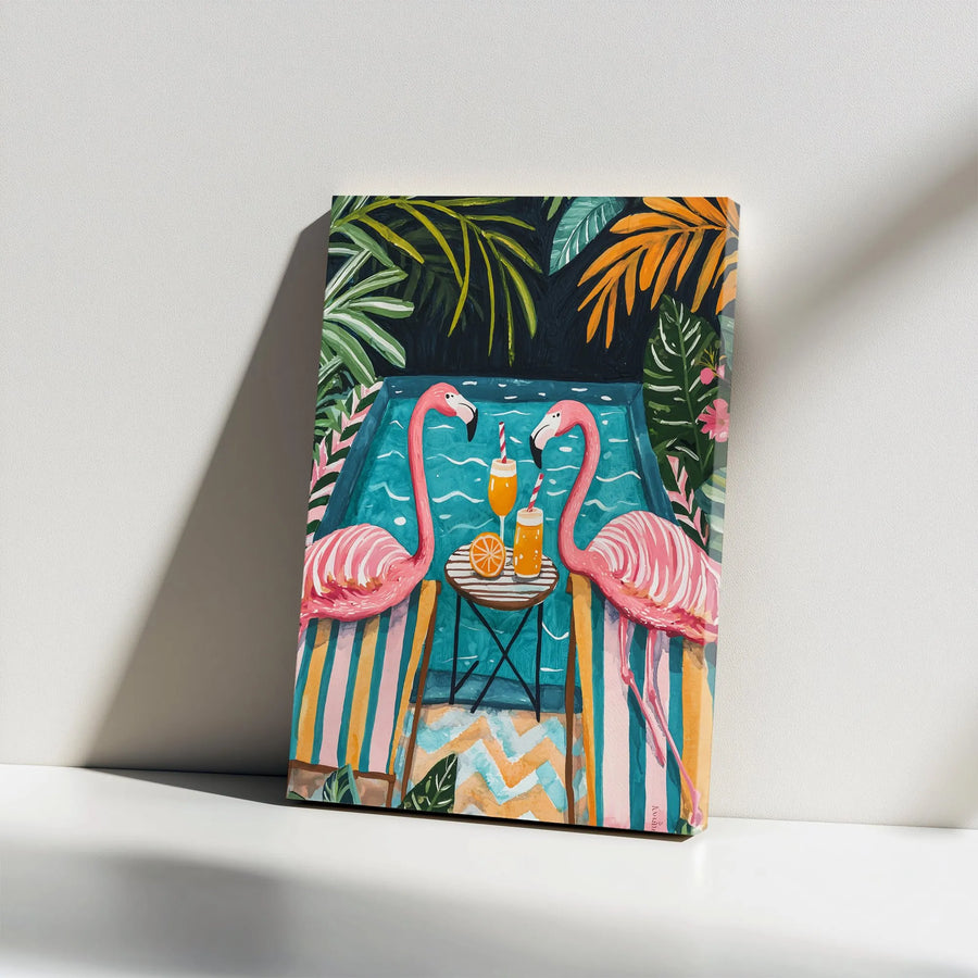 Pink Flamingo Wall Art | Tropical Poolside Cocktail Canvas | 1.25 Inch Gallery Wrap | Vibrant Summer Home Decor For Living Room