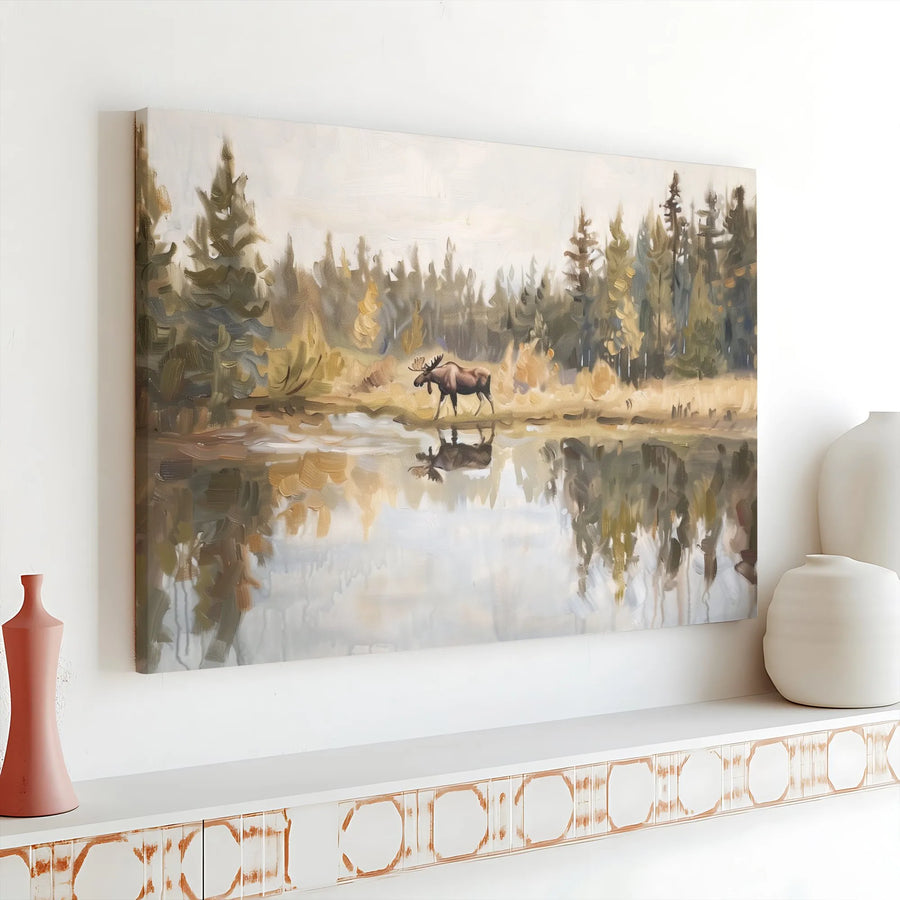 Moose Canvas Wall Art | Impressionist Lake Forest Reflection | 1.25 Inch Gallery Wrap | Rustic Nature Decor For Cabin & Home Office