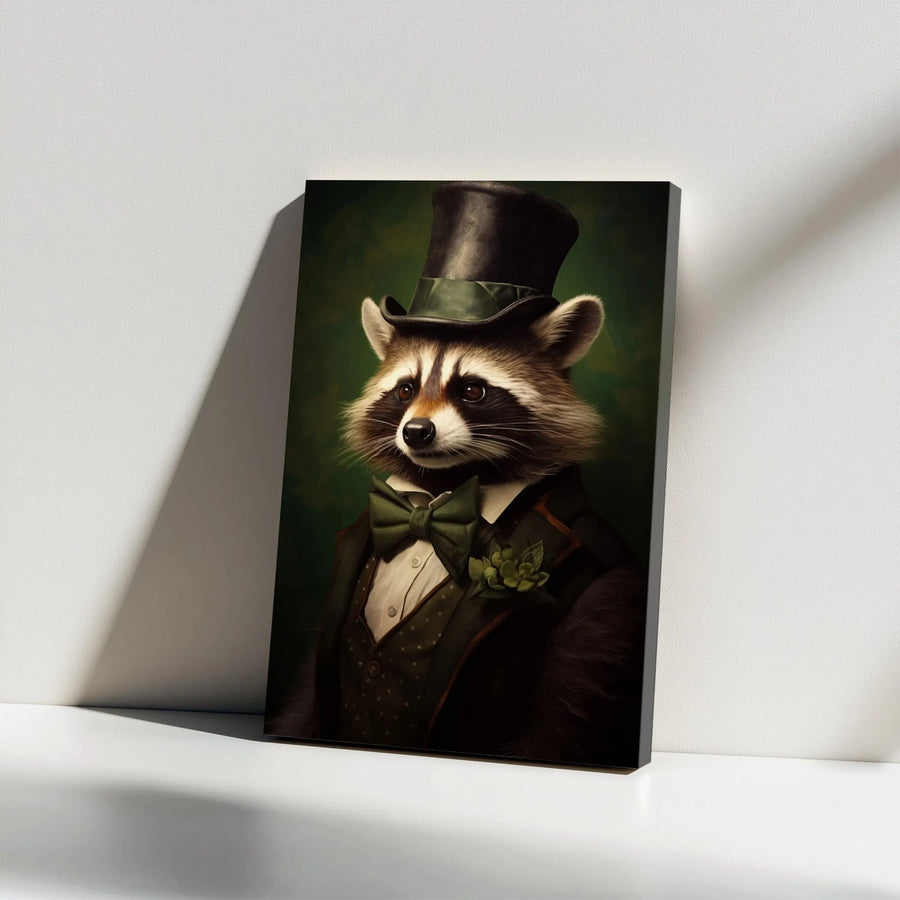 Gentleman Raccoon Vertical Canvas | Victorian Animal Portrait in Top Hat | Premium Gallery Style Wall Art | Unique Home Decor Gift for Animal Lovers