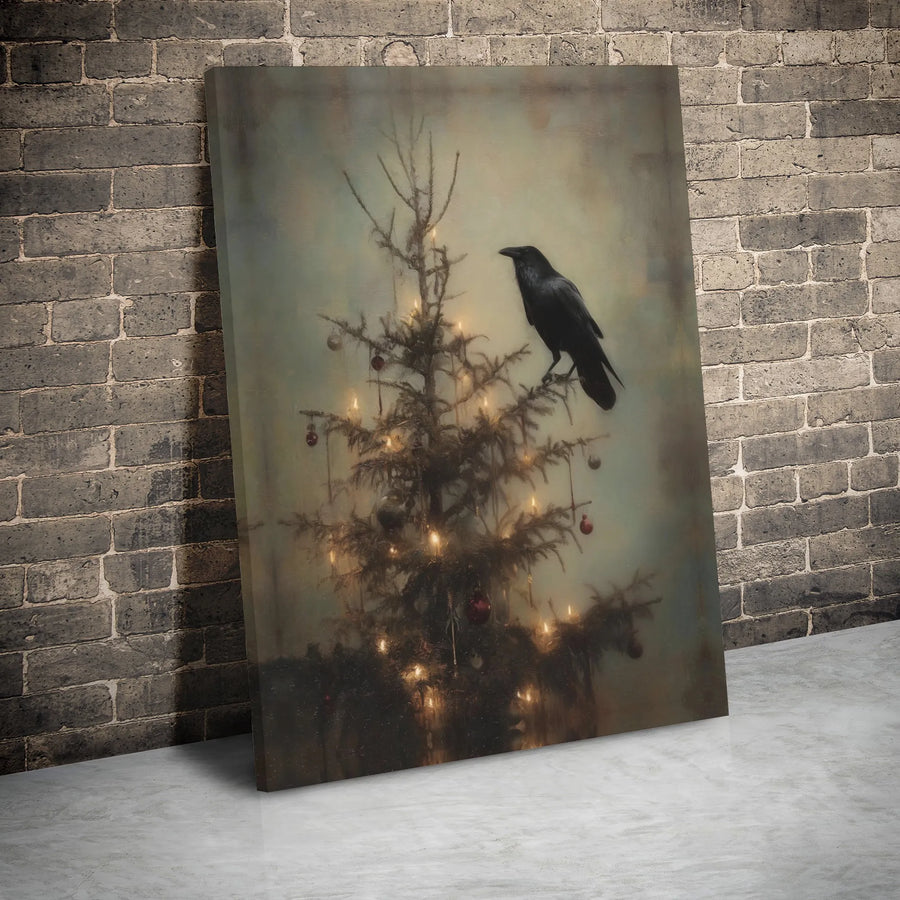 Gothic Raven Christmas Canvas Wall Art | Dark Academia Holiday Tree Decor | Gallery Wrap Premium Print | Moody Winter Gift for Home