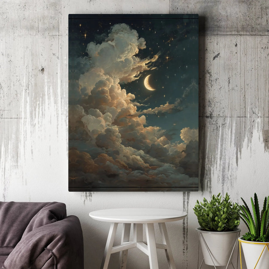 Celestial Night Sky Canvas Wall Art | Moody Cloudscape with Crescent Moon | Premium Framed Artwork | Dark Academia Home Decor Gift