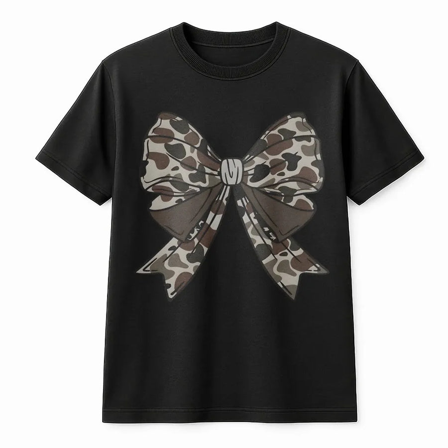 Camo Bow T-Shirt | Trendy Coquette Aesthetic Graphic | Premium Soft Cotton | Hunting Gift for Her Wife Outdoors