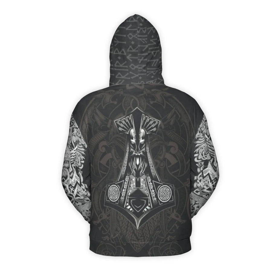 Viking Norse Mythology Hoodie | Mjolnir Thor Hammer & Odin Runes Design | Soft Brushed Fleece Polyester | Unisex Premium Graphic Streetwear Gift