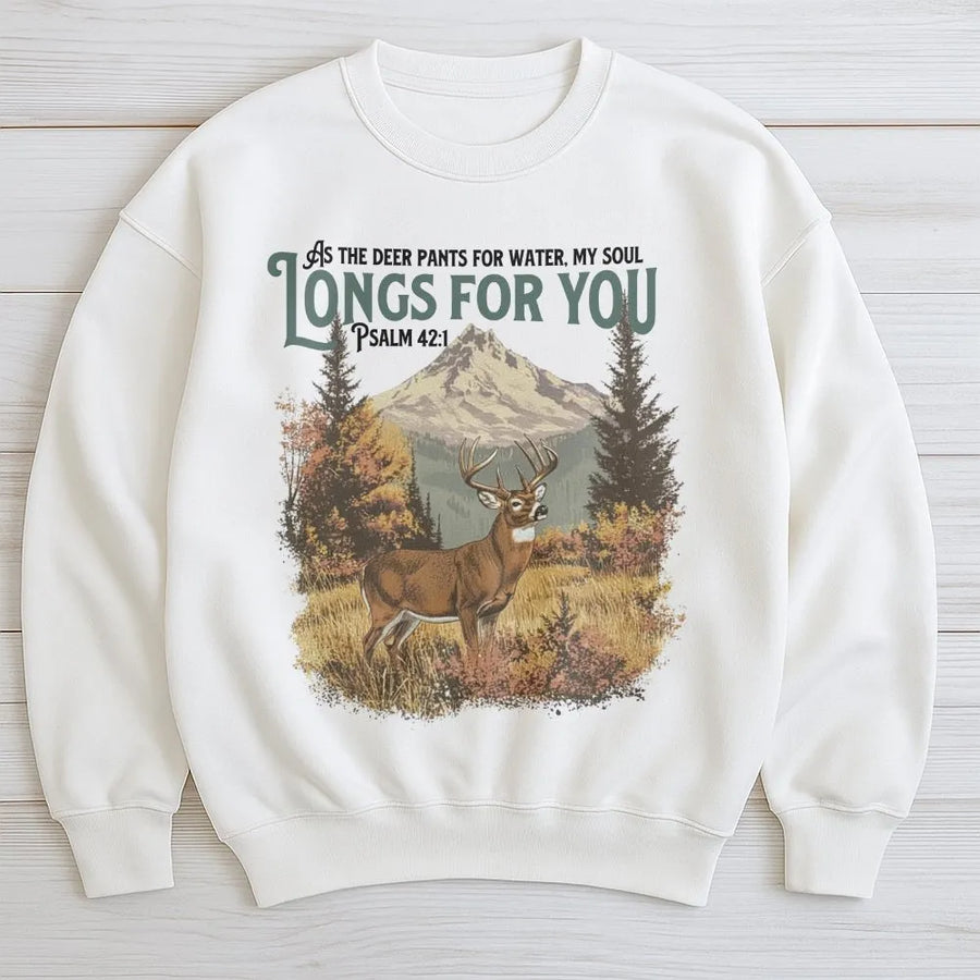Psalm 42:1 Deer Sweatshirt | Vintage Nature Mountain Graphic | Premium Cotton Blend | Christian Hunter Gift for Men and Women