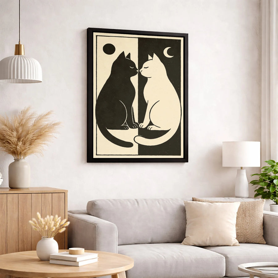 Yin Yang Cat Wall Art | Celestial Sun and Moon Minimalist Print | Gallery-Quality 1.25 Inch Thick Canvas | Perfect Gift for Cat Lovers and Mystical Decor