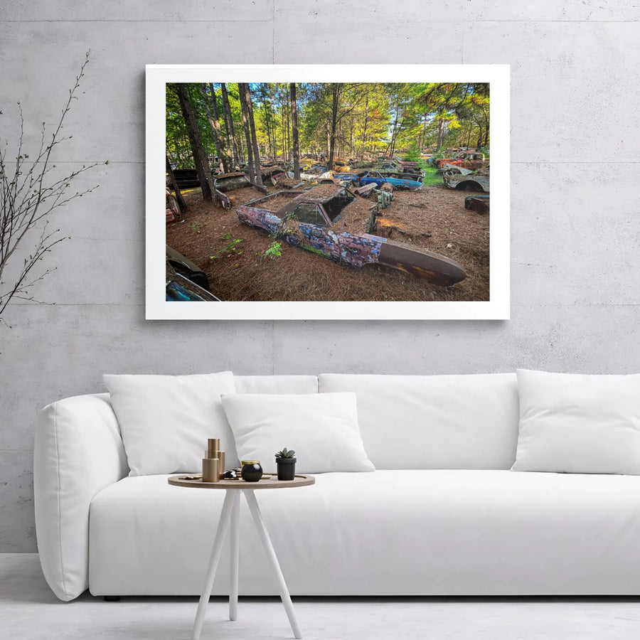 Abandoned Muscle Car Canvas | Vintage Car Graveyard Forest Wall Art | Premium Gallery Wrapped Print | Gift for Classic Car Enthusiasts