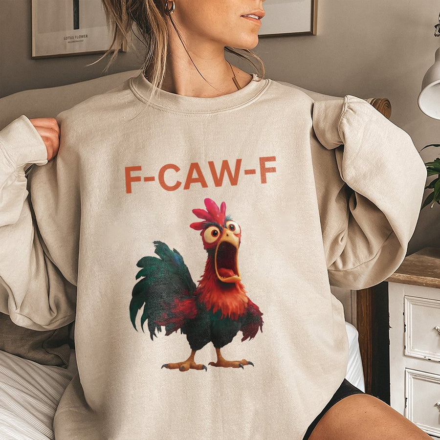 Funny Chicken Sweatshirt | F-Caw-F Rooster Graphic Design | Premium Cotton Blend Crewneck | Humorous Farm Animal Gift For Men And Women
