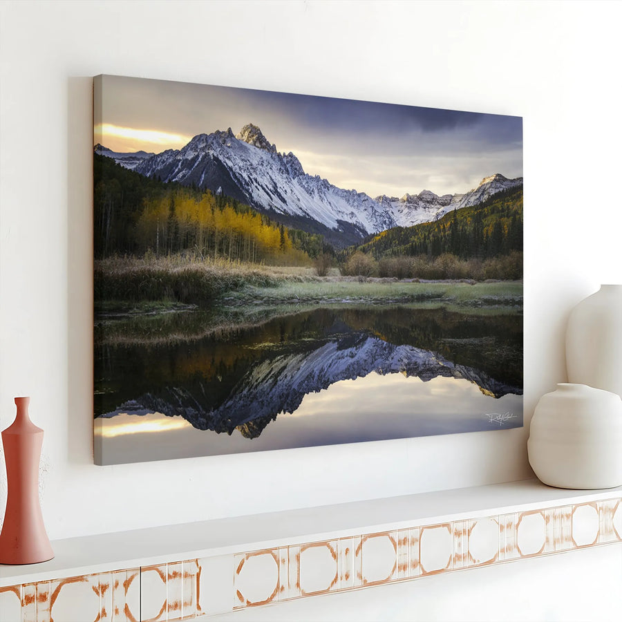 Rocky Mountain Landscape Reflection Horizontal Canvas | Snowy Peaks & Autumn Gold Aspen Trees Photo | Premium 1.25" Gallery Wrap | Nature Lover Wilderness Wall Art Gift