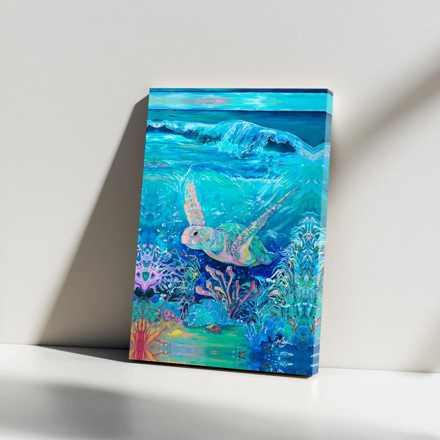Sea Turtle Canvas Wall Art | Vibrant Underwater Coral Reef Painting | Premium Gallery Wrapped Canvas | Coastal Home Decor Gift for Ocean Lovers