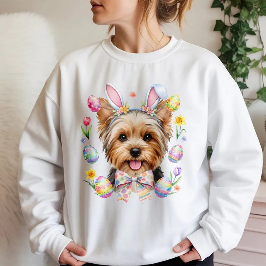 Yorkie Easter Sweatshirt | Cute Bunny Ears Puppy Graphic | Premium Cotton Blend Crewneck | Dog Mom Spring Gift Idea