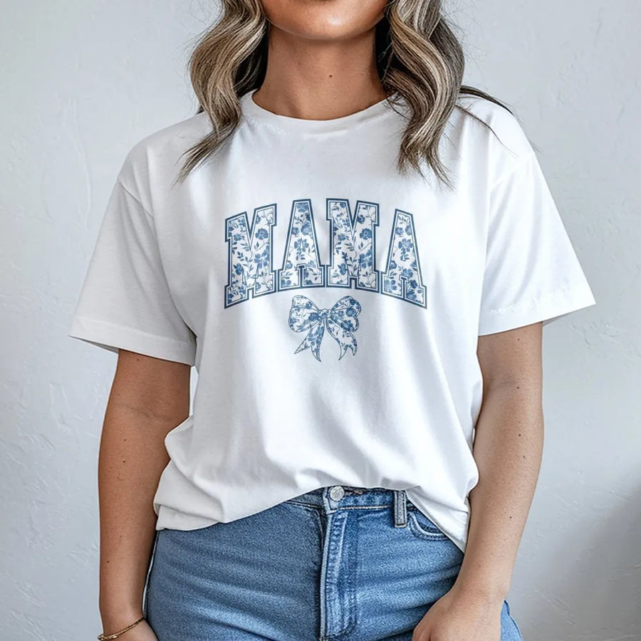 Mama T-Shirt | Floral Bow Varsity Graphic Print | Premium Soft Cotton | Stylish Mother's Day 2026 Gift for Mom