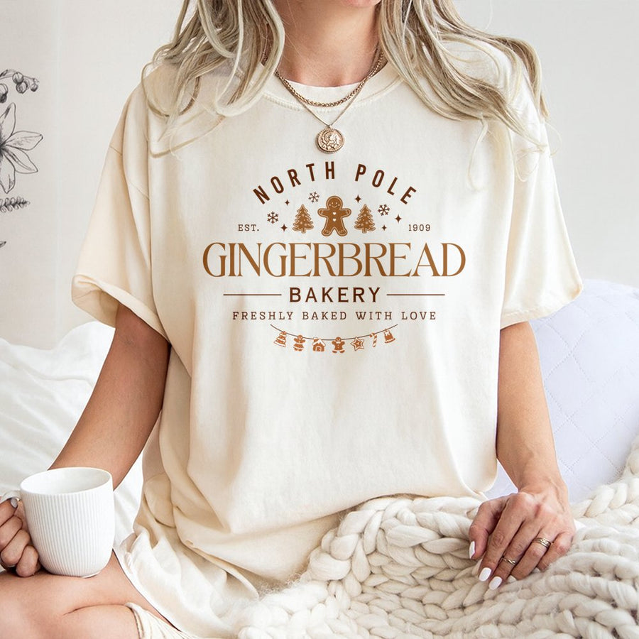 Gingerbread Bakery T-Shirt | Cute Christmas Cookie Graphic Design | Premium 100% Cotton | Festive Holiday Apparel Gift for Women and Men