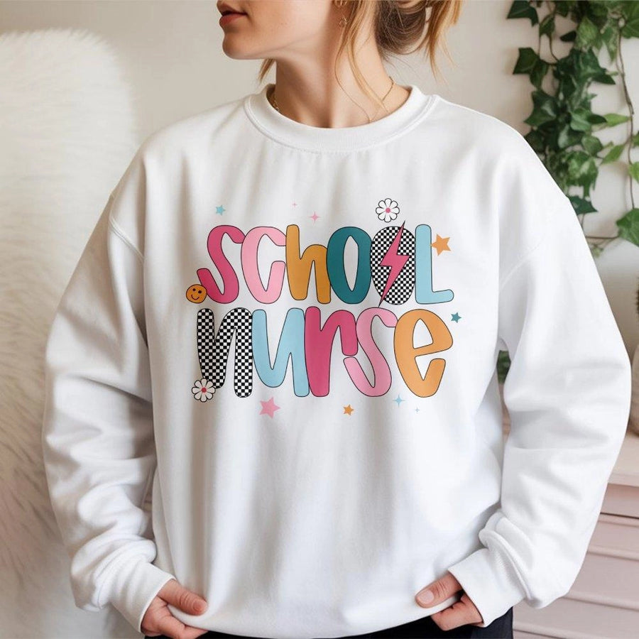 School Nurse Sweatshirt | Retro Groovy Aesthetic Graphic | Soft Cotton Blend Premium Pullover | Back To School Nursing Graduation Gift