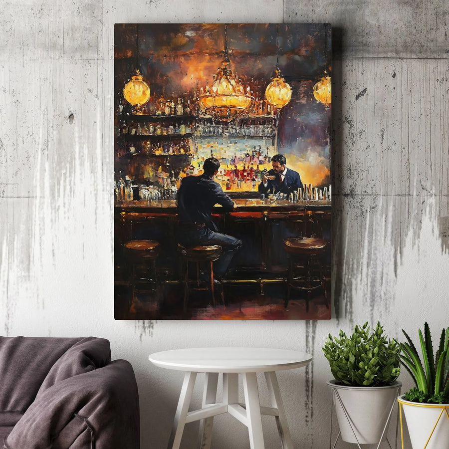 Vintage Bar Painting Canvas Art | Impressionist Nightlife Scene | Premium Gallery-Wrapped Print | Moody Home Decor for Man Cave