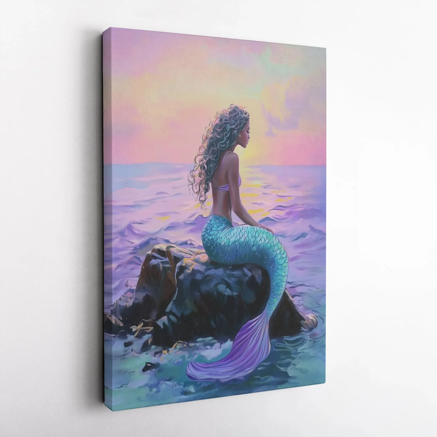 Black Mermaid Wall Art | Sunset Ocean Beach Canvas Print | Premium Gallery Wrap Decor | Aesthetic Fantasy Gift for Girls Room